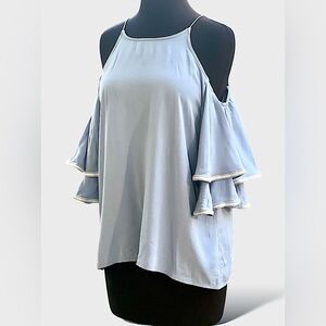 C. Luce Cold Shoulder Ruffled Sleeve Chambray Top | Women's M